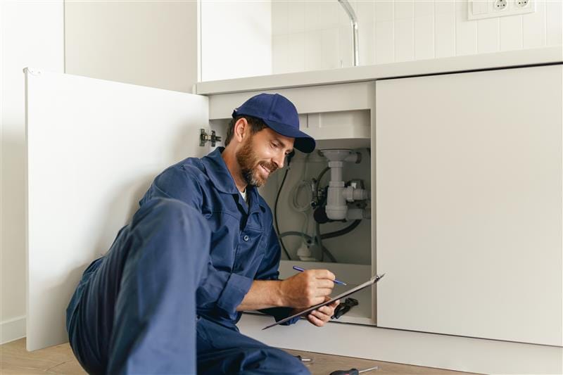 Residential plumber reviewing plumbing repairs in a Bonita Springs kitchen