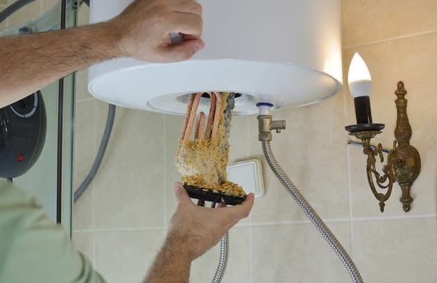 Technician removing mineral buildup from a water heater in Bonita Springs