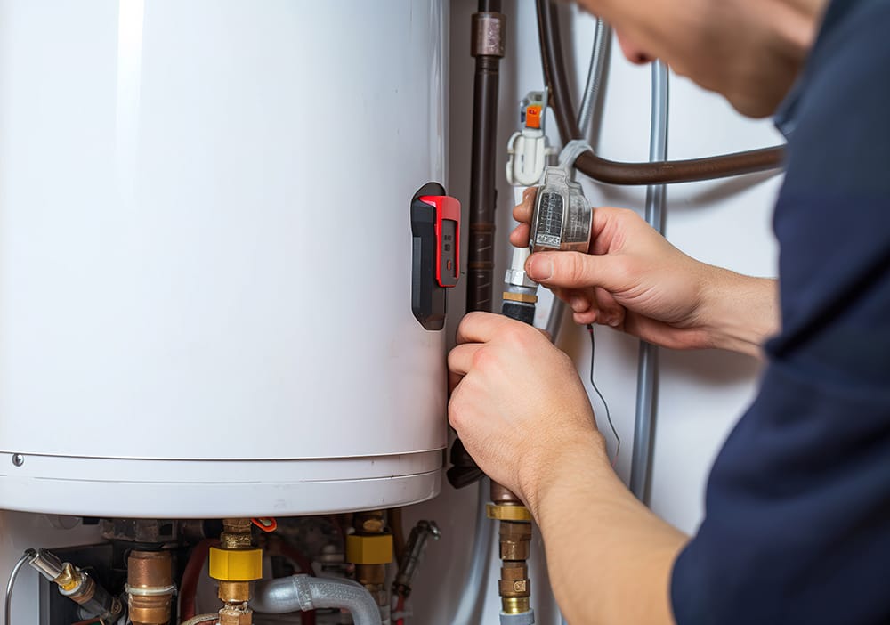 Technician repairing pipes connected to a water heater in Bonita Springs
